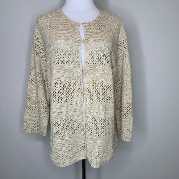 Eddie Bauer Neutral Open Weave Cardigan Sweater 1X Linen Blend - Picture 1 of 9